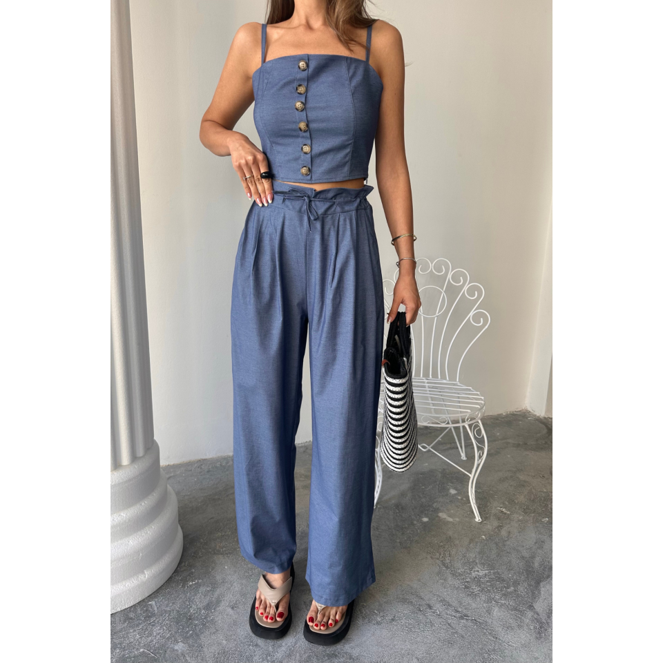 TENCEL CROP ASKILI BLUZ - ŞALVAR PANTOLON TK - İndigo