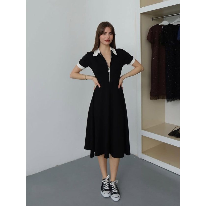 Kadın Polo Yaka Fermuar Detaylı Modal Midi Elbise