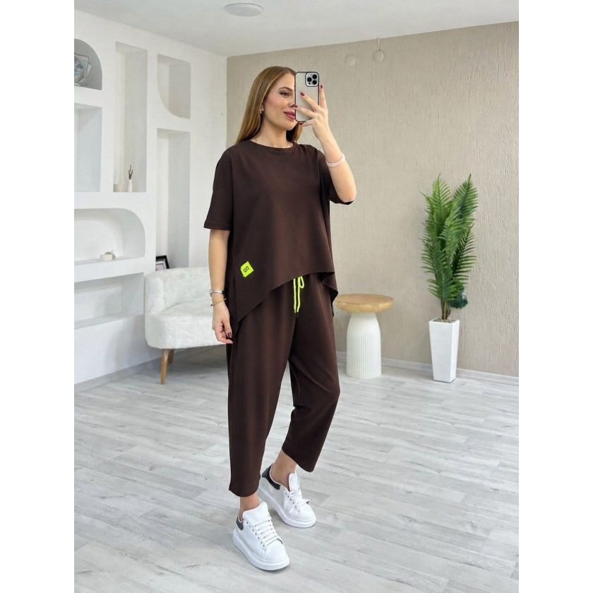 Kadın Kısa Kollu Bisiklet Yaka Viskon Iki Iplik Bluz Ve Pantolon Ikili Takım