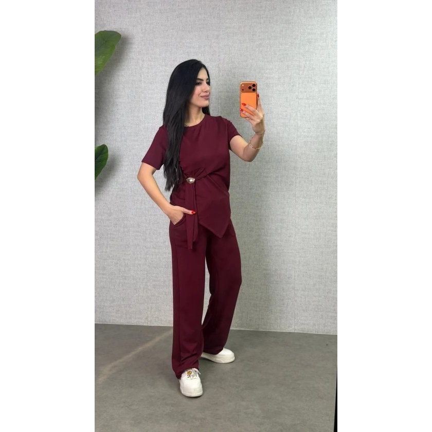 Kadın Kısa Kollu Bisiklet Yaka Yandan Toka Detaylı Viskon Iki Iplik Bluz Ve Pantolon Ikili Takım