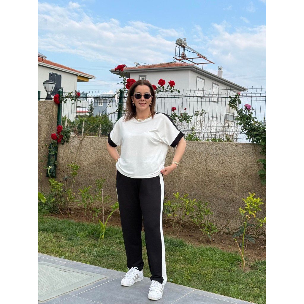 Kadın Kısa Kollu Modal Dokulu Kumaş Yanı şeritli Takım