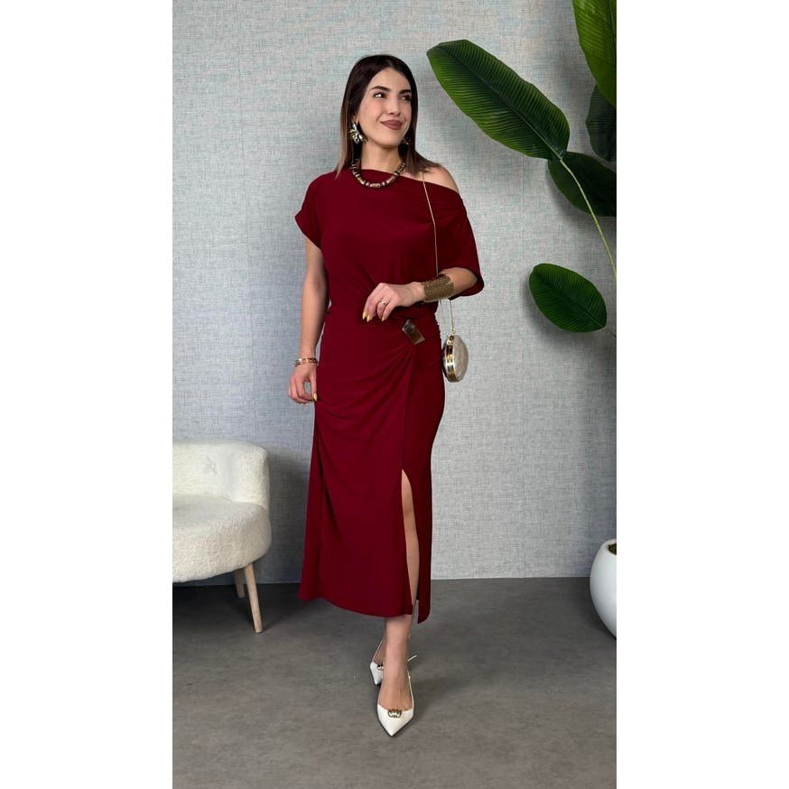 Kadın Kısa Kollu Tek Omuzdan Açık Beli Lastikli Sandy Maxi Elbise