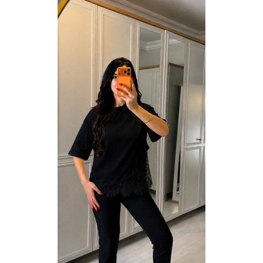 Kadın Kısa Kollu Bisiklet Yakalı Dantel Detaylı Viskon Iki Iplik Bluz