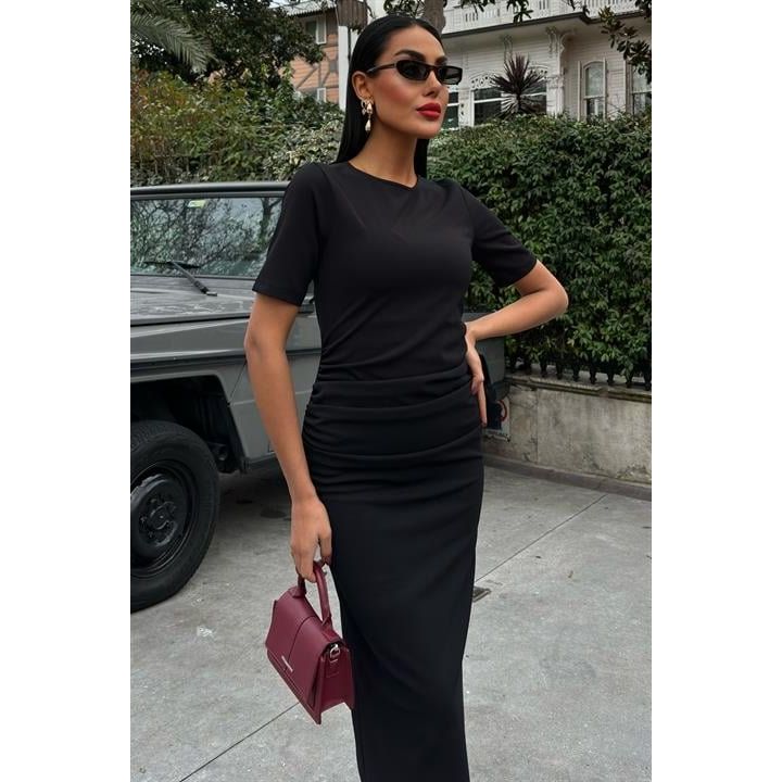 Beli Büzgülü Midi Elbise 2853