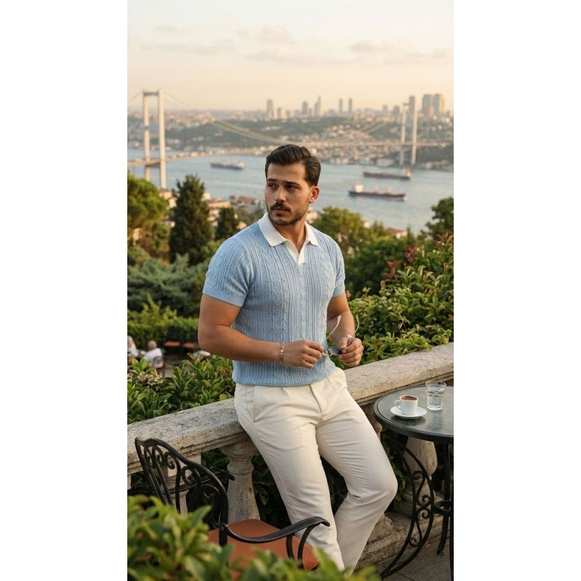 Erkek Desenli Kısa Kollu Triko Tişört - %100 Pamuk Akrilik