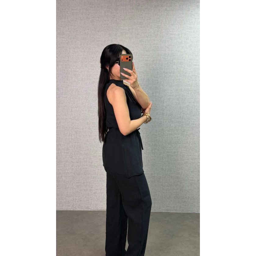 Kadın Halter Yaka Beli Kuşak Detaylı Ikili Takım