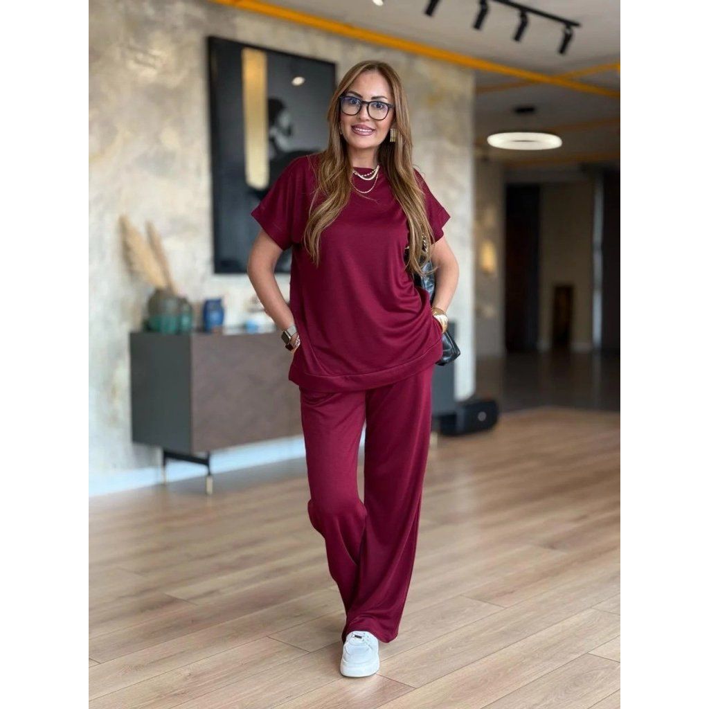 Kadın Kısa Kollu Bisiklet Yaka Viskon Iki Iplik Bluz Ve Pantolon Ikili Takım