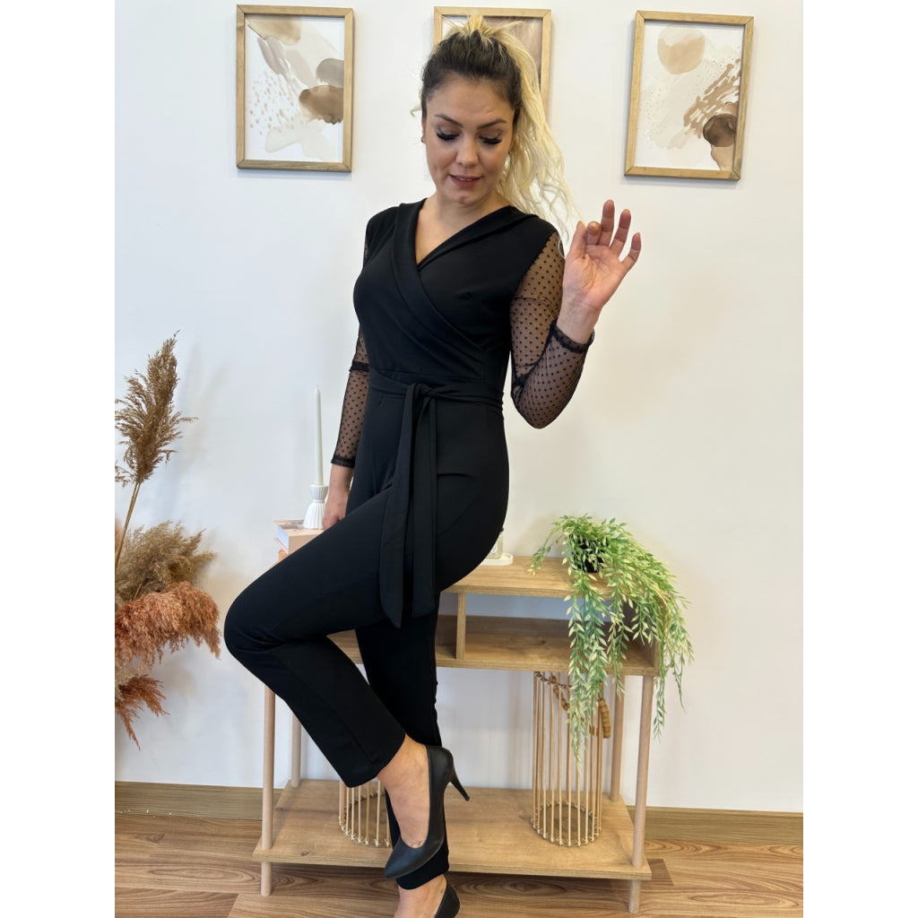 Kadın Uzun Kollu Kruvaze Yakalı Kolları Tül Detay Beli Kuşaklı Ithal Krep Tulum