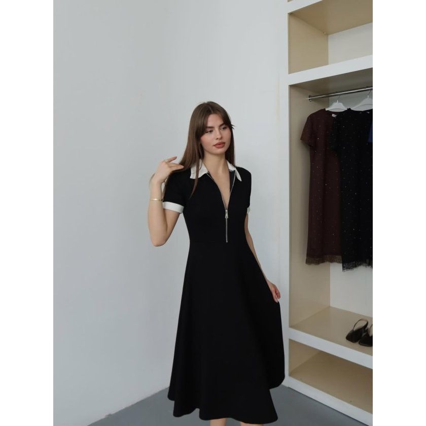 Kadın Polo Yaka Fermuar Detaylı Modal Midi Elbise