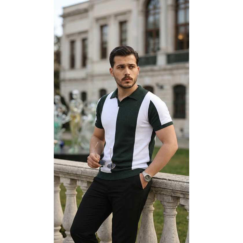 Erkek Kısa Kollu Polo Yakalı Blok Desenli Triko Bluz