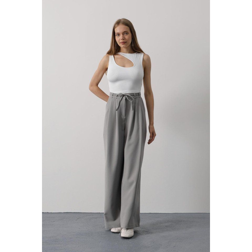 Pileli Bağcıklı Oversize Pantolon - Gri
