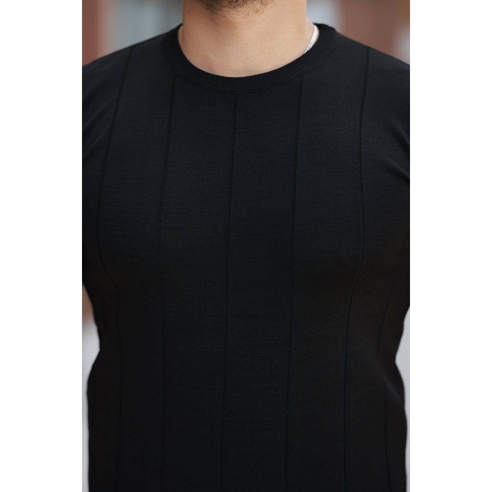Erkek Ince çizgi Dokulu Bisiklet Yaka Kısa Kollu T-shirt