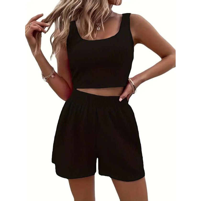 Kadın Askılı Yuvarlak Yakalı Burgu Krop Ve Bluz Short Ikili Takım