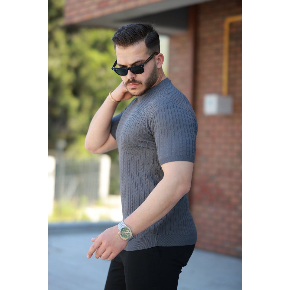 Erkek Bisiklet Yaka örgü Desenli Kısa örme Triko Kısa Kollu T-shirt