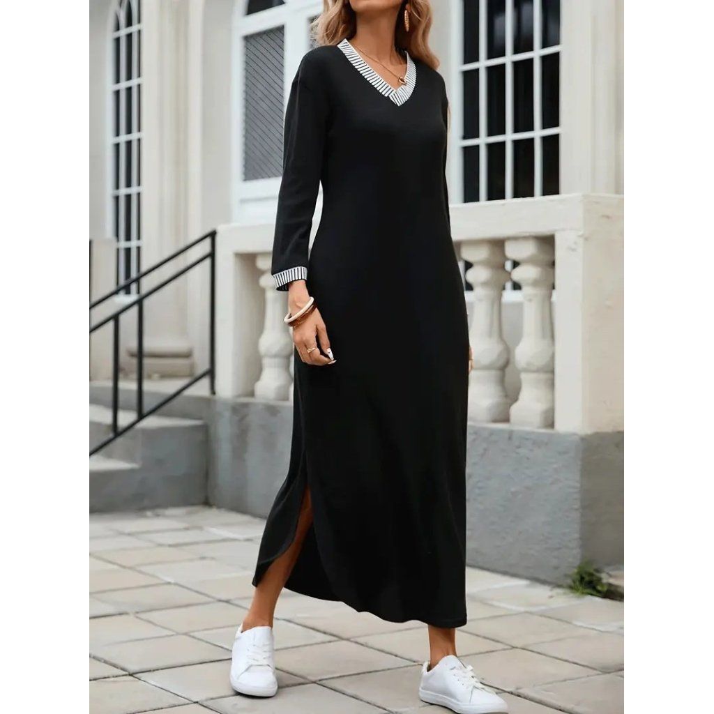 Kadın Uzun Kollu V Yakalı Yanlardan Yırtmaçlı Uzun Viskon Iki Iplik Elbise