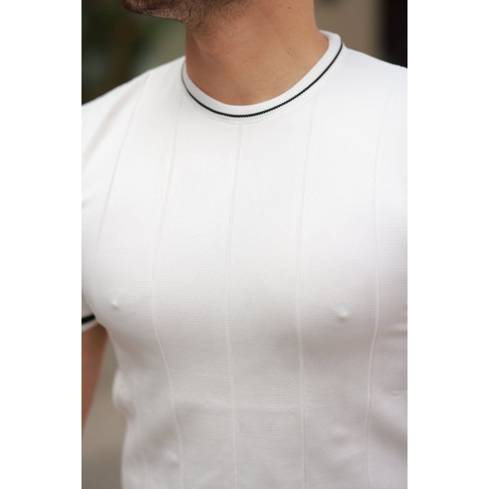 Erkek Bisiklet Yaka çizgi Desenli Ribanalı Kısa Kollu Tshirt