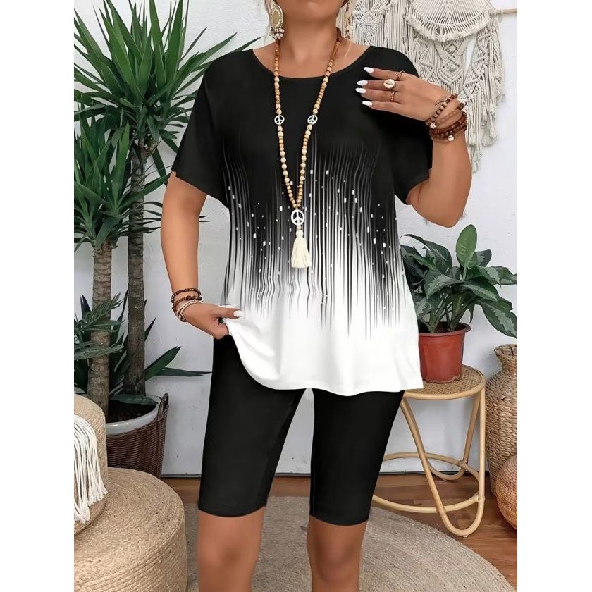 Kadın Kısa Kollu Bisiklet Yaka Desenli Dalgıç Bluz Ve Tayt Ikili Takım