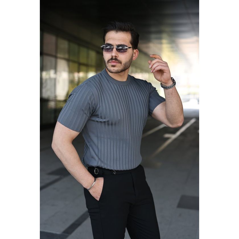 Erkek Fitilli Bisiklet Yaka Kısa Kollu Tişört