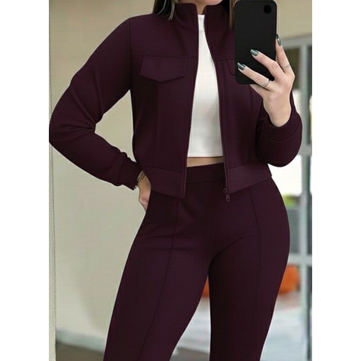 Kadın Uzun Kollu önden Fermuarlı Kısa Modal Mor Ceket Ve Pantolon Ikili Takım
