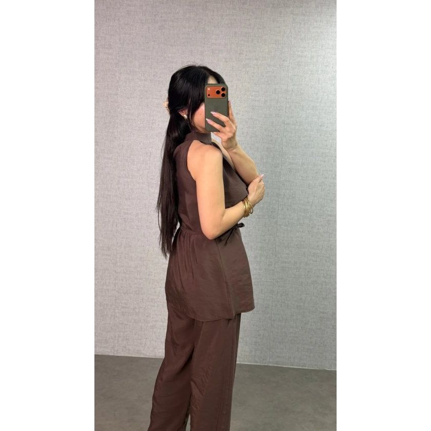 Kadın Halter Yaka Beli Kuşak Detaylı Ikili Takım