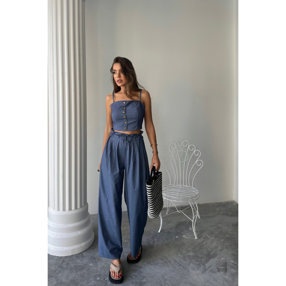 TENCEL CROP ASKILI BLUZ - ŞALVAR PANTOLON TK - İndigo