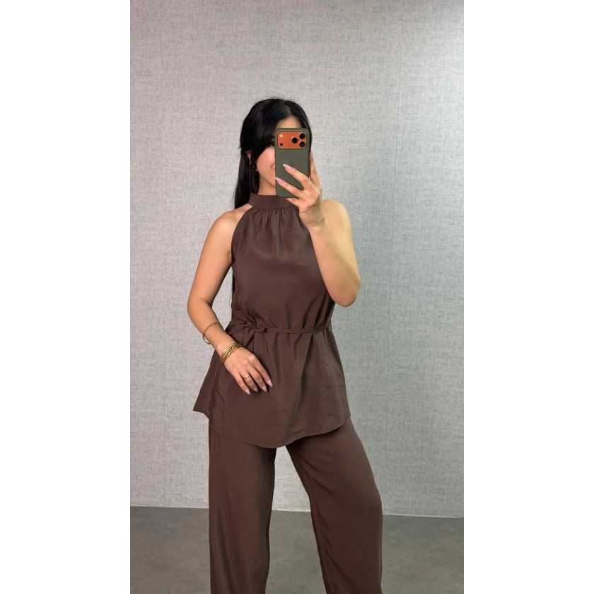 Kadın Halter Yaka Beli Kuşak Detaylı Ikili Takım