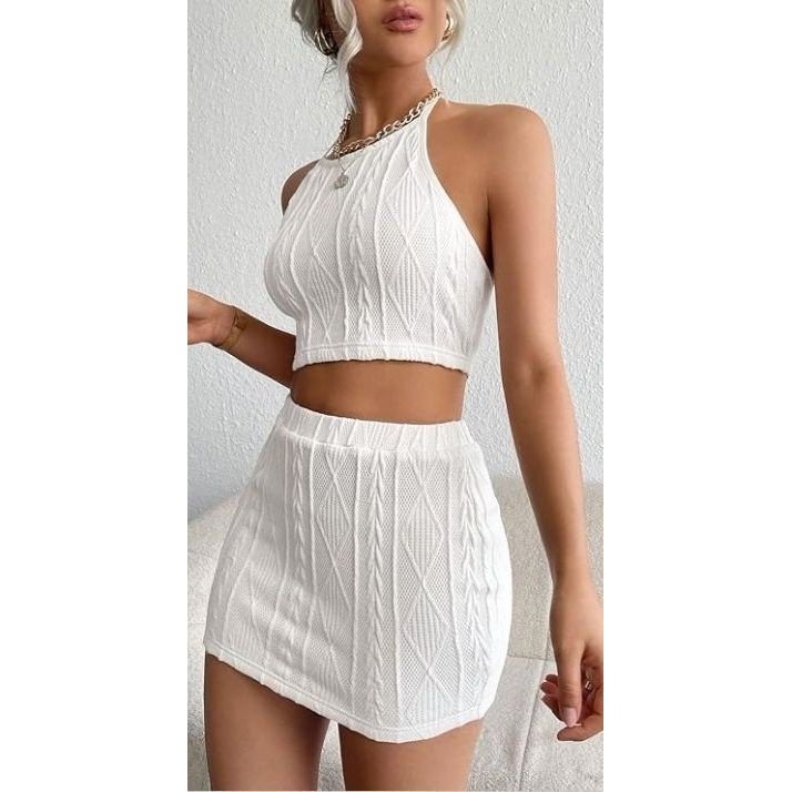 Kadın Sıfır Kol Crop Mini Etek Ikili Triko Takım
