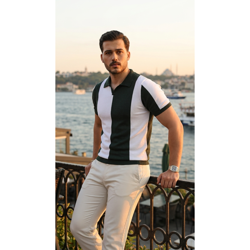 Erkek Kısa Kollu Polo Yakalı Blok Desenli Triko Bluz