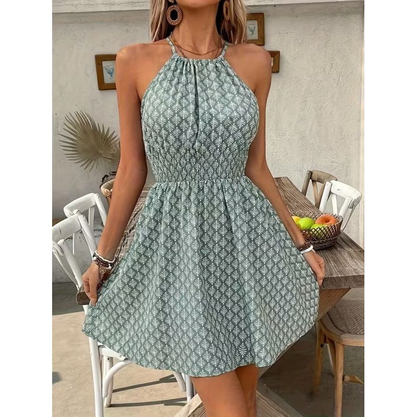 Kadın Omuzlardan Açık Boyun Arkasından Bağcıklı Beli Lastikli Kısa Süprem Elbise
