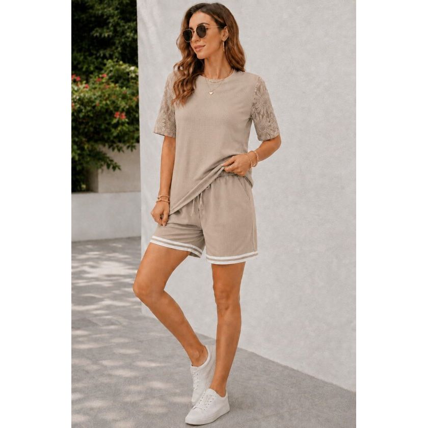 Kadın Kısa Kollu Bisiklet Yakalı Waffle Bluz Ve Short Ikili Takım