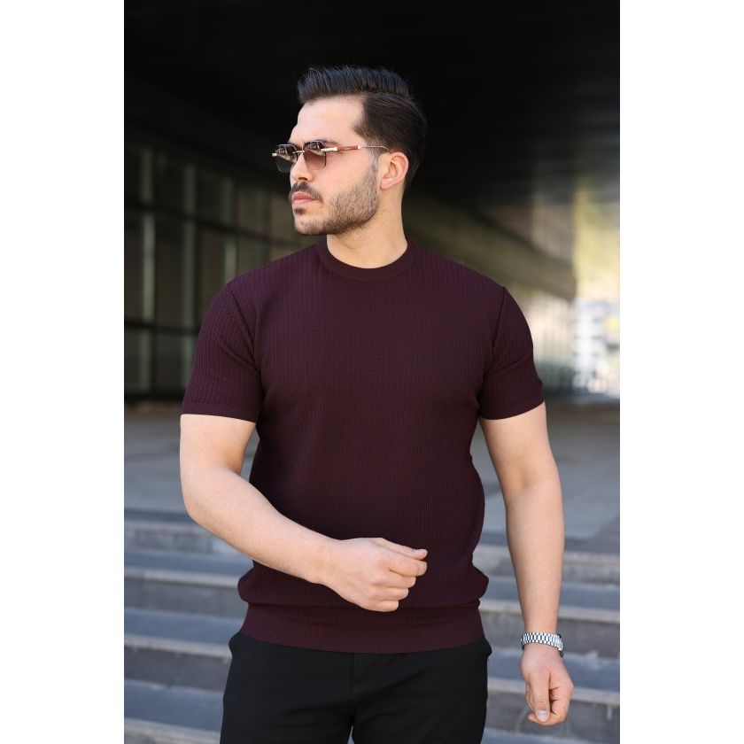Erkek Bisiklet Yaka Petek Dokulu Kısa Kollu Triko Tişört