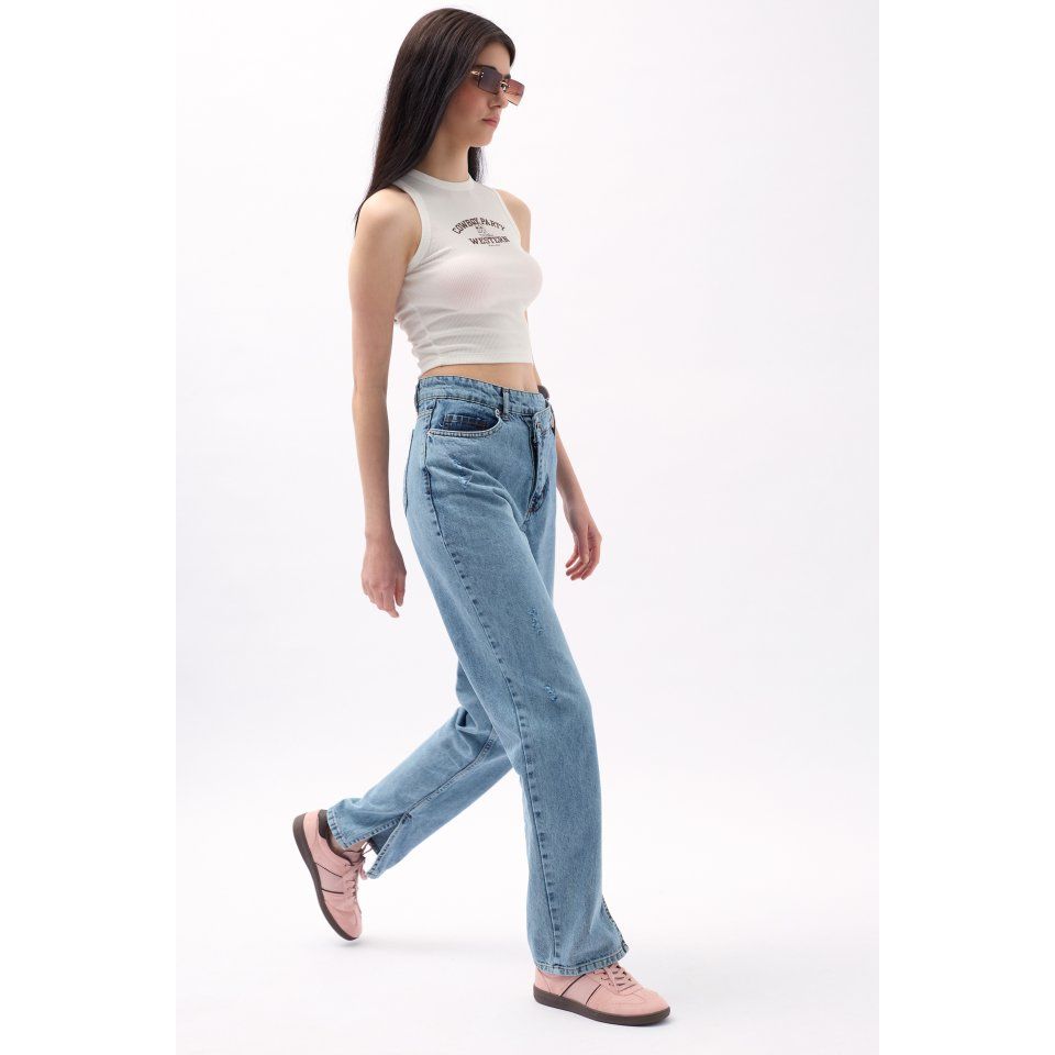 Asimetrik Bel Paça Yırtmaçlı Jean