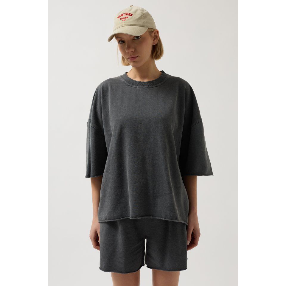 Oversize Lazer Kesim Bisiklet Yaka T-Shirt