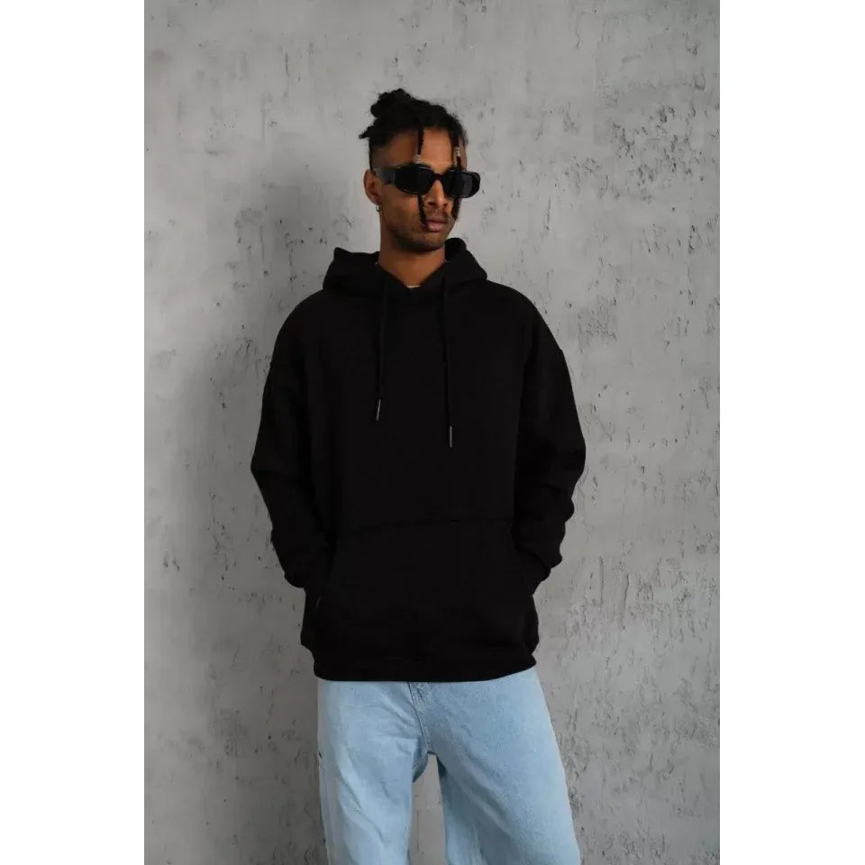 Erkek Düz Kapüşonlu Sweat - Siyah