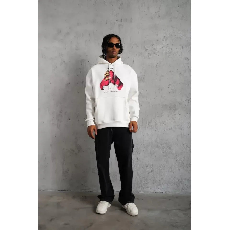 Erkek Eldiven Baskılı Kapüşonlu Sweat - Beyaz