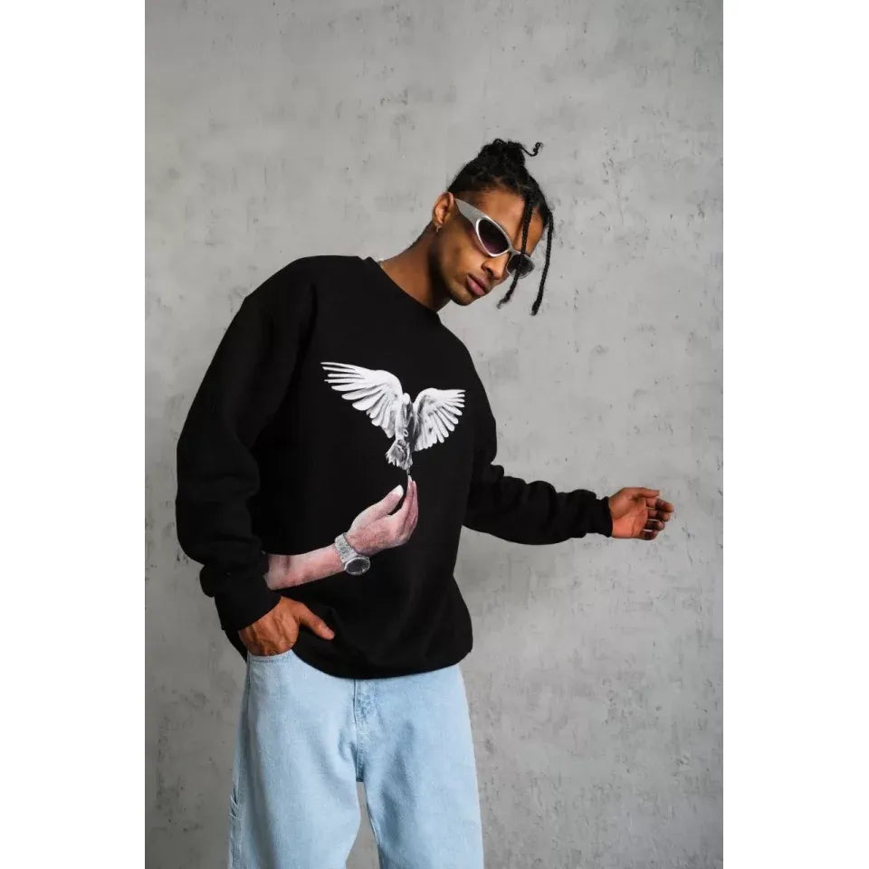 Erkek Güvercin Baskılı Sweatshirt - Siyah