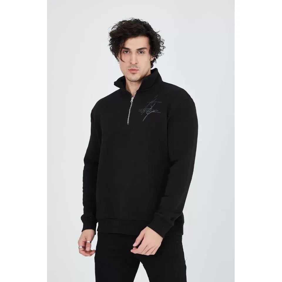 Erkek Yarım Fermuarlı Baskılı Sweat - Siyah
