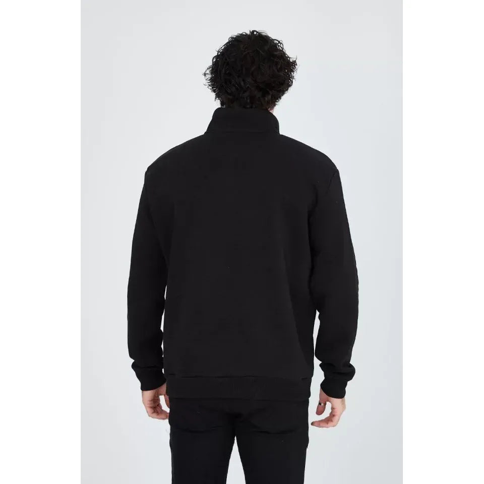 Erkek Yarım Fermuarlı Baskılı Sweat - Siyah