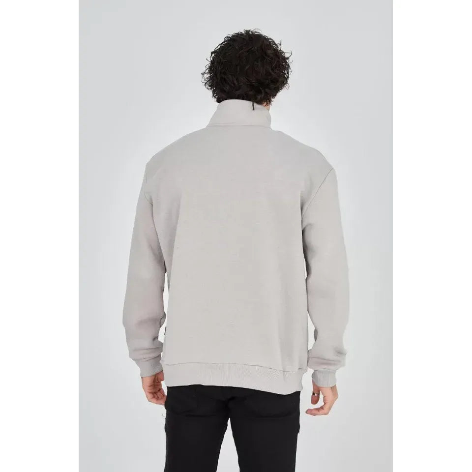 Erkek Yarım Fermuarlı Baskılı Sweat - Boyalı Gri