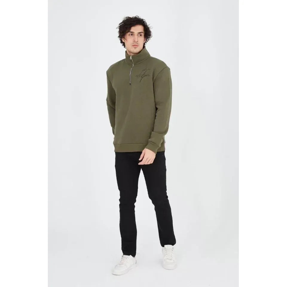 Erkek Yarım Fermuarlı Baskılı Sweat - Yeşil