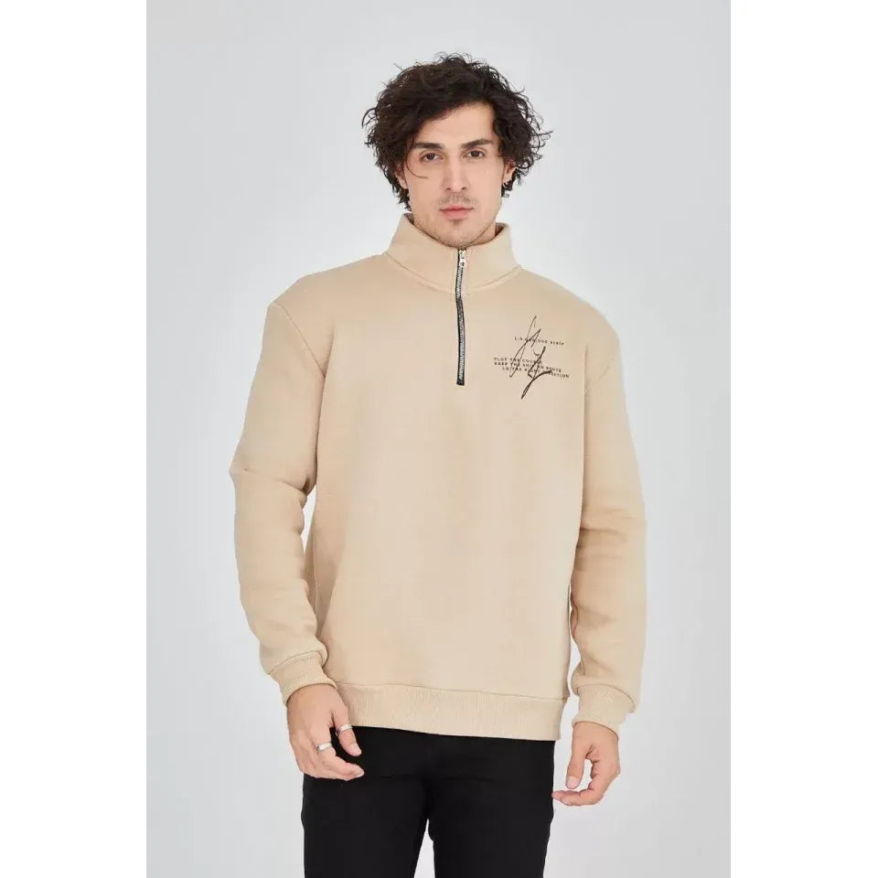 Erkek Yarım Fermuarlı Baskılı Sweat - Bej