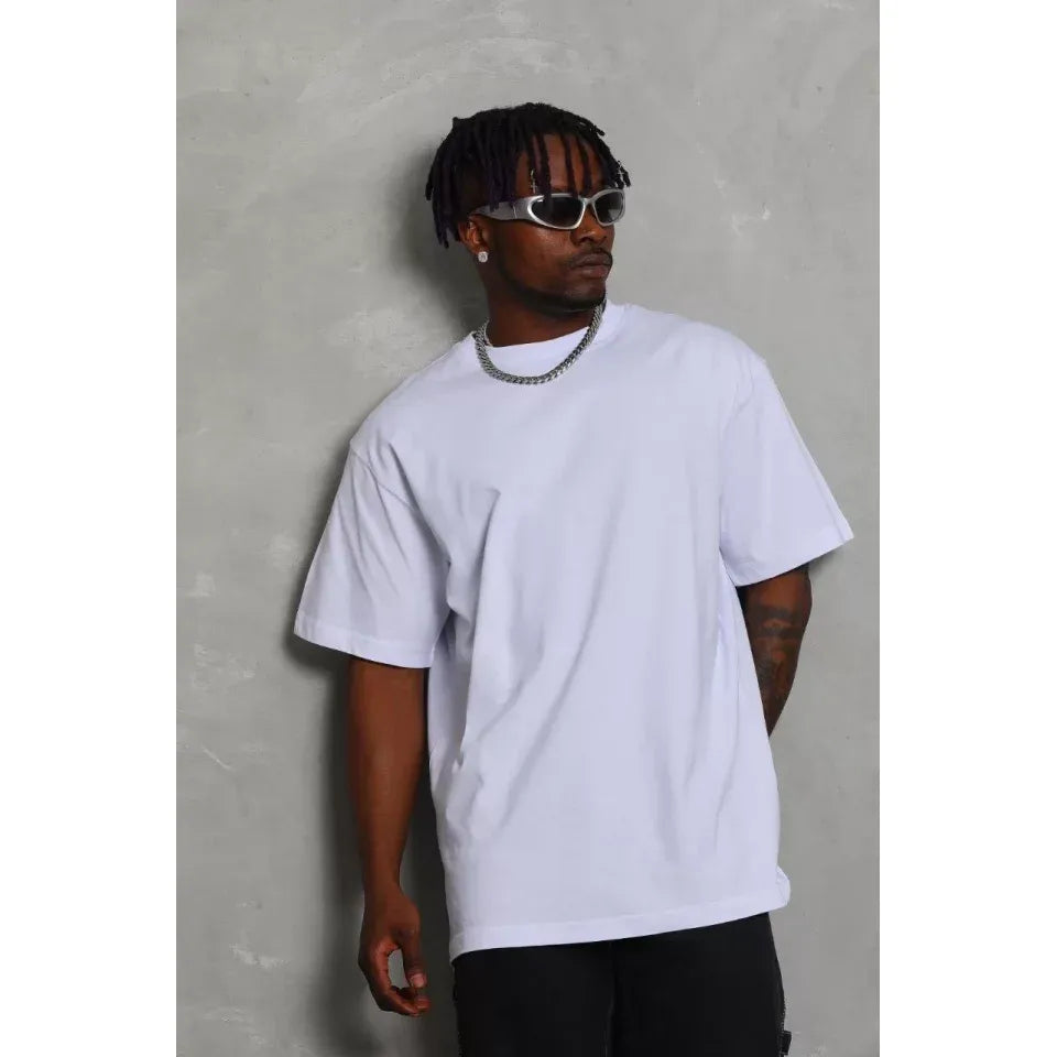 Unisex Oversize Düz Bisiklet Yaka T-Shirt - Beyaz