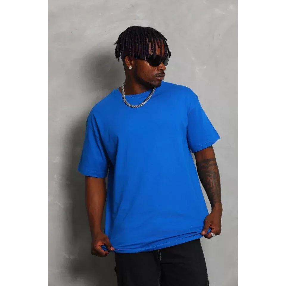 Unisex Oversize Düz Bisiklet Yaka T-Shirt - Mavi