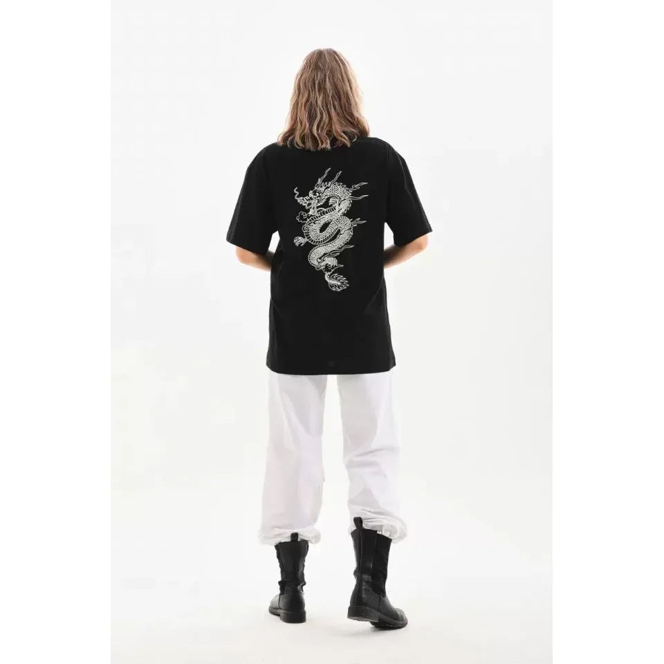 Unisex Baskılı Oversize T-Shirt - Siyah