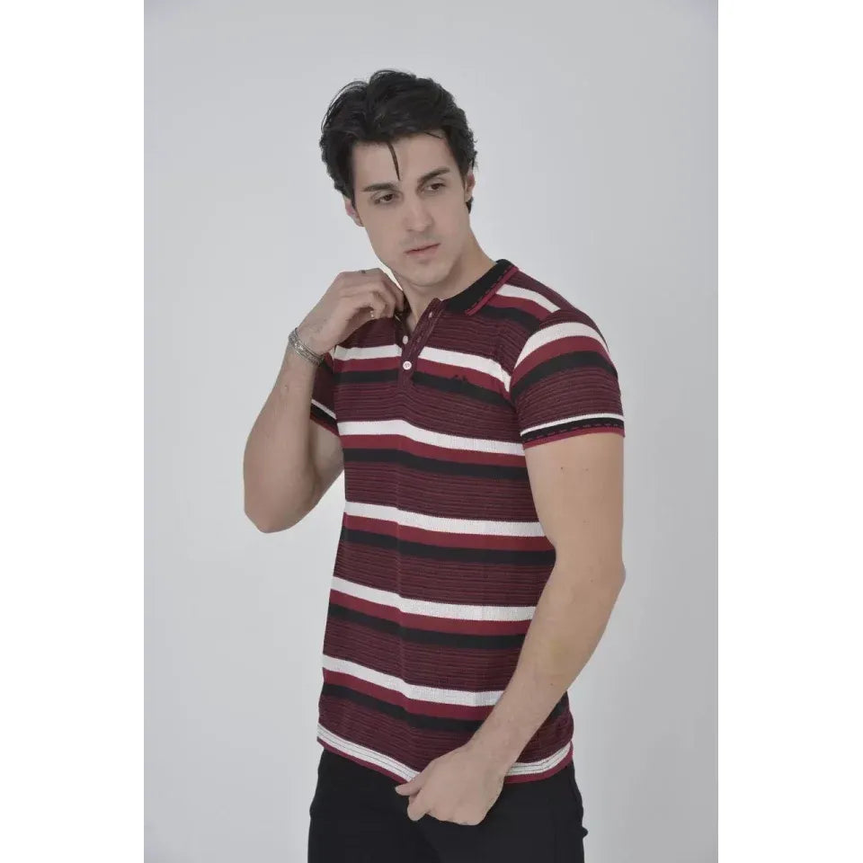 Erkek Yakalı Slim Fit Dokuma Çizgili T-Shirt - Bordo