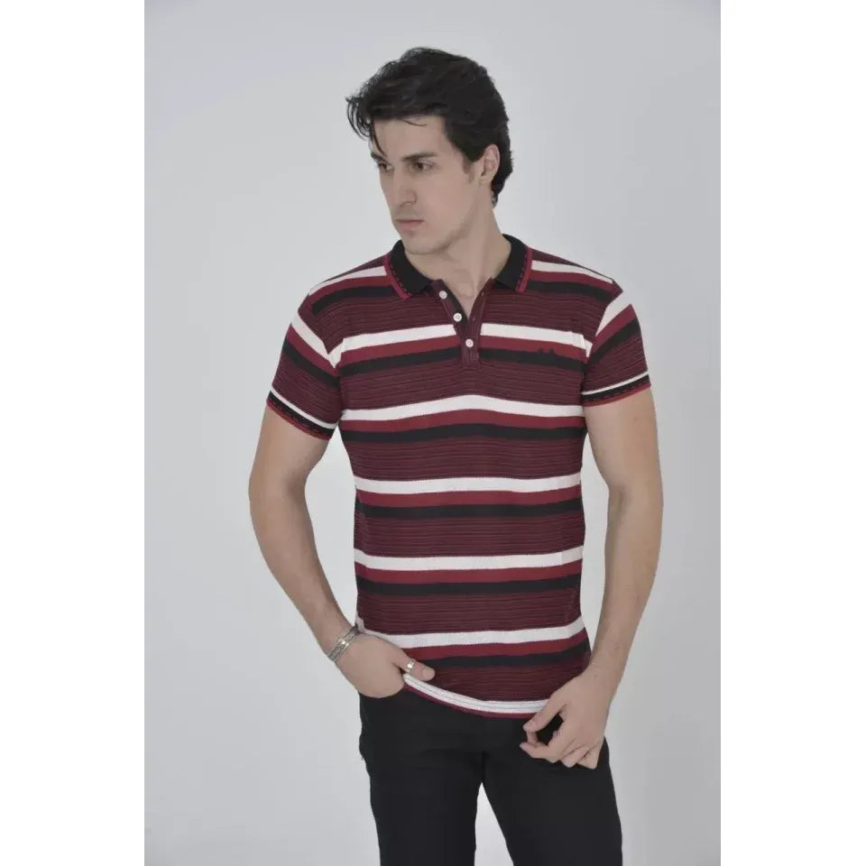 Erkek Yakalı Slim Fit Dokuma Çizgili T-Shirt - Bordo