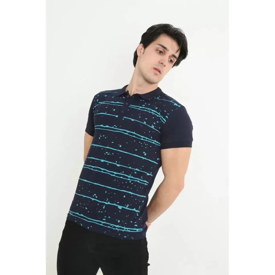 Erkek Yakalı Slim Fit Pike Çizgili T-Shirt - Lacivert
