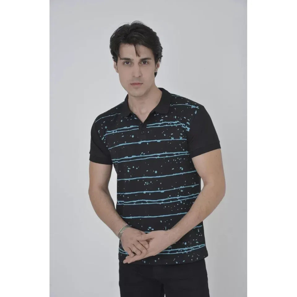 Erkek Yakalı Slim Fit Pike Çizgili T-Shirt - Siyah