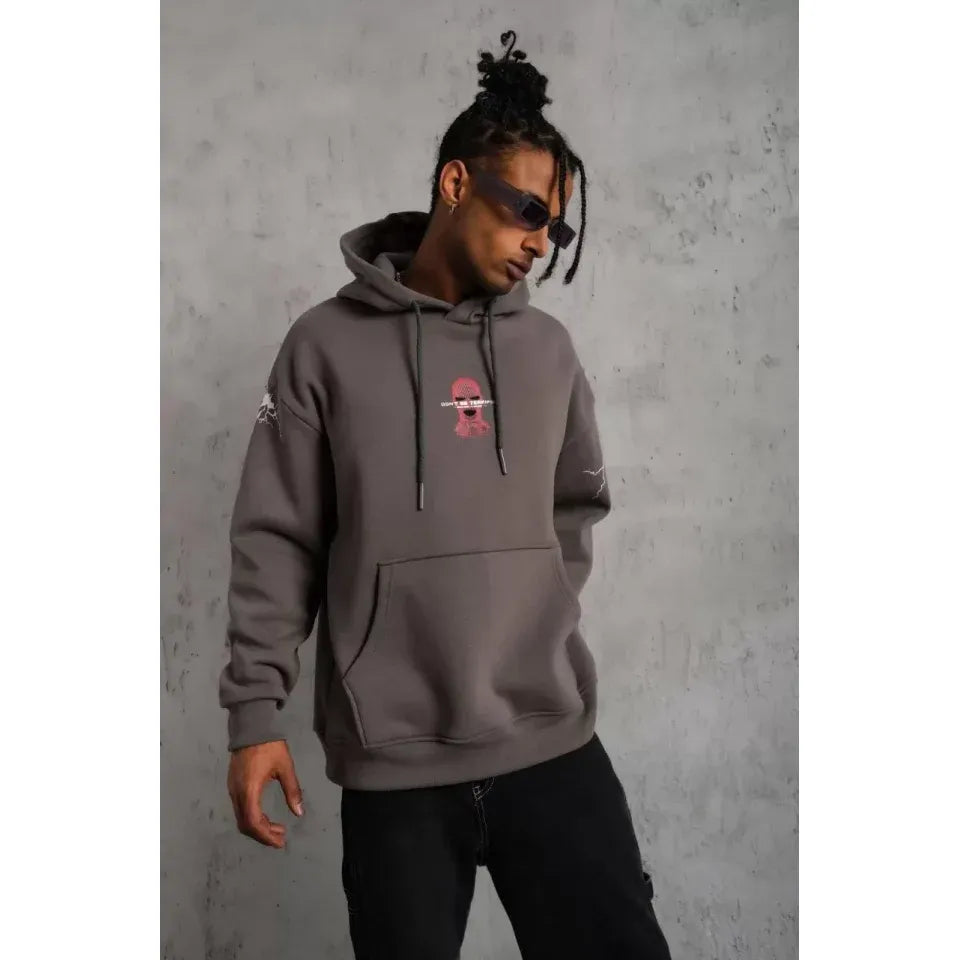 Erkek Maske Baskılı Kapüşonlu Sweat - Gri