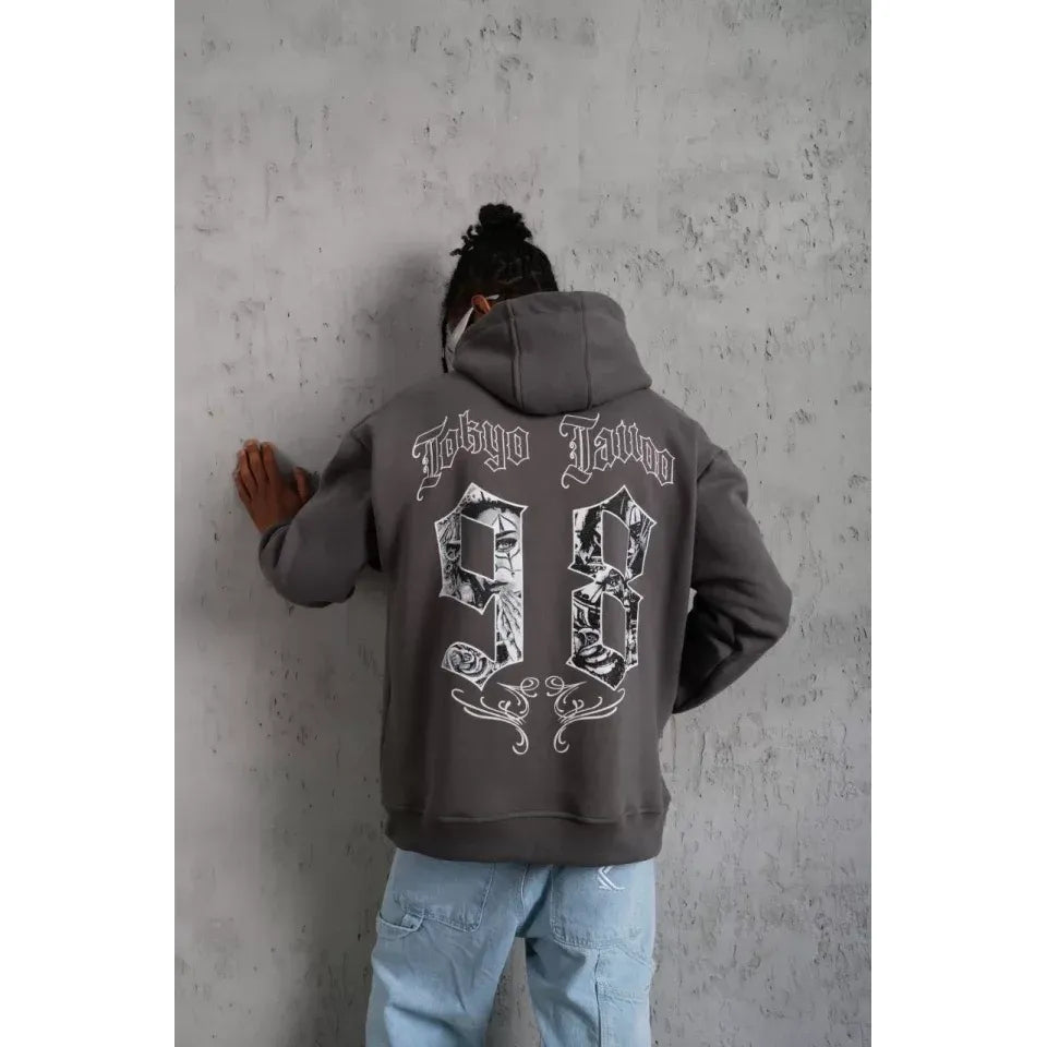 Erkek 98 Baskılı Kapşonlu Sweat - Gri